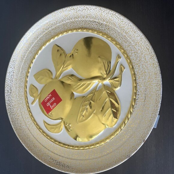 Large Round Embossed Fruit Metal Tin // Gold Speckle // 10" Diameter - Picture 6 of 8